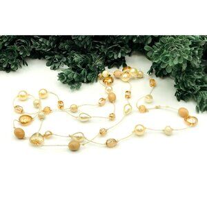 Vintage Style Long Gold & Cream Glass Beaded Necklace With Mixed Shapes & Textur